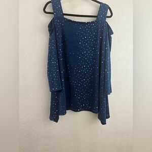 Avenue navy blue with silver polka dots cold-shoulder with wide straps. Size 14
